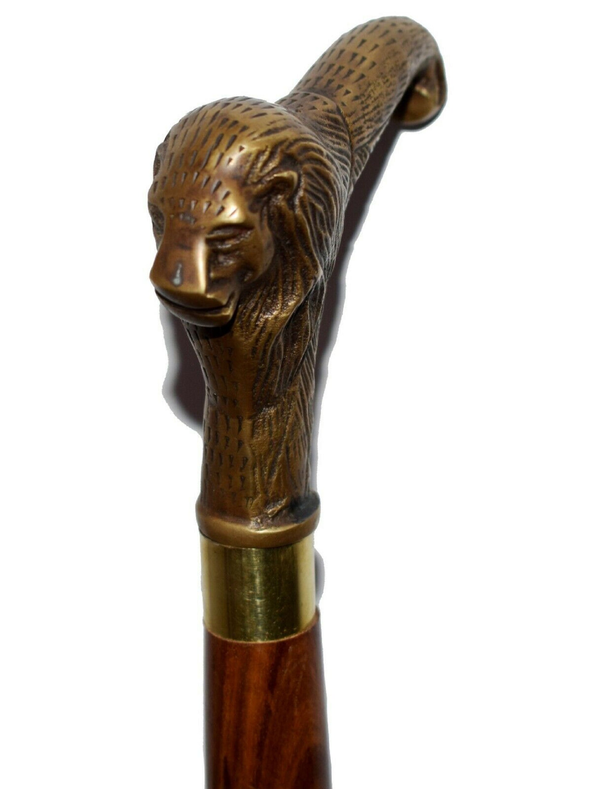 Walking Stick Cane With Brass Lion Head Handle Brown Cane 2 Etsy