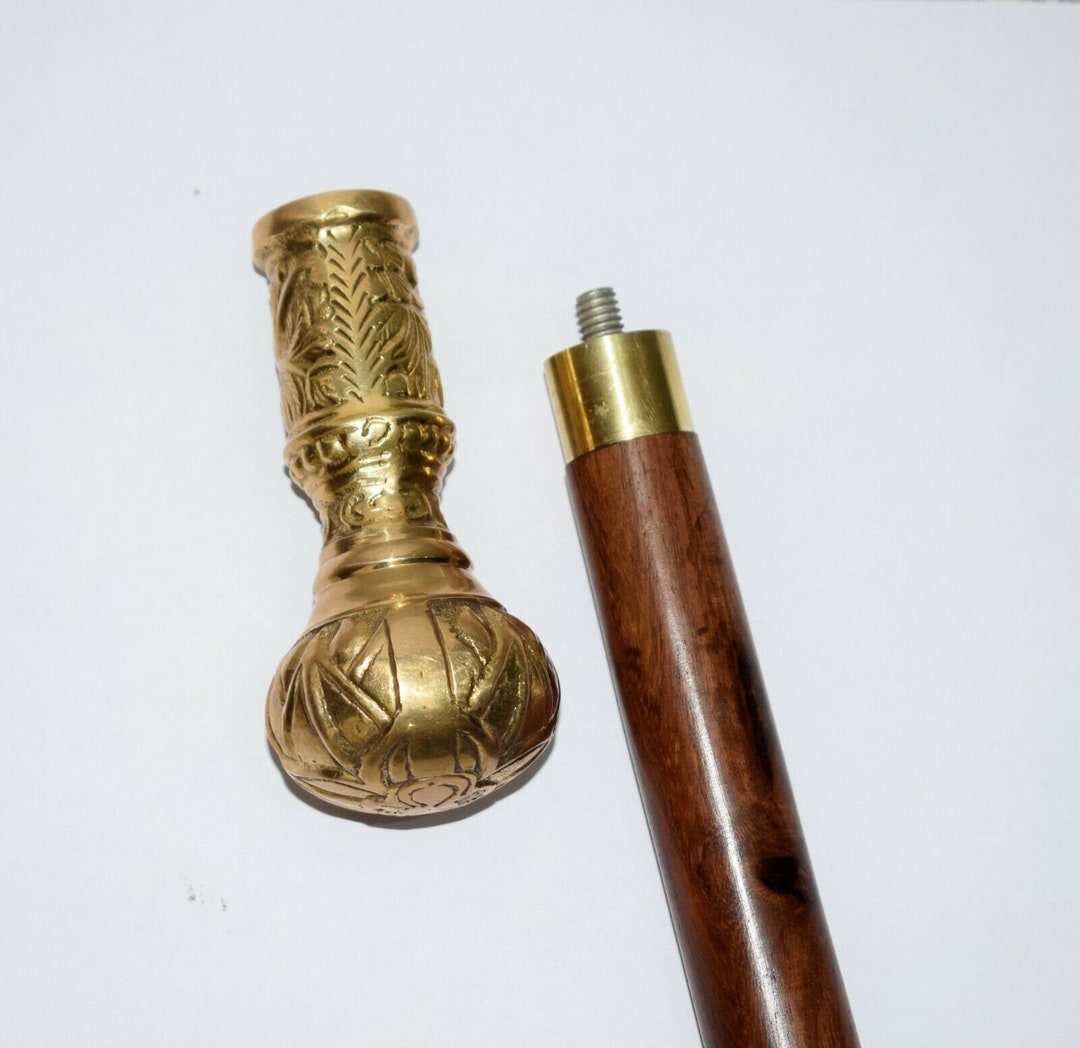 Buy Brass Cane Wooden Walking Stick Handle Knob Gift Antique Online in ...