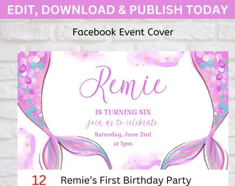 Könnte beinhalten: Eine Grafik mit einem rosa und violetten Meerjungfrauen-Schwanz mit goldenen Glitzer-Akzenten. Der Text lautet "Remie wird sechs, feiert mit uns am Samstag, den 2. Juni um 13 Uhr. Remies erste Geburtstagsparty, privat veranstaltet von unserer Familie."