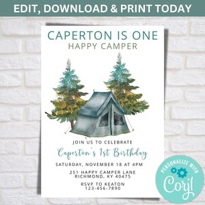 One Happy Camper Birthday Invitation, Digital Download, Camping Birthday Invitation, National Park Birthday Invitation, Instant Download