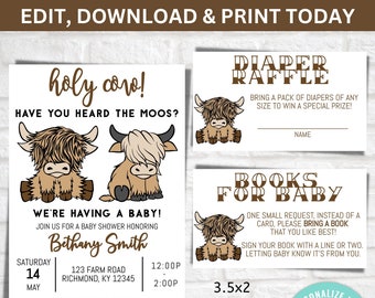 May include: A baby shower invitation with a brown and white highland cow illustration. The invitation says "holy cow! Have you heard the moos?" and includes the text "We're having a baby! Join us for a baby shower honoring Bethany Smith. Saturday, May 14th, 12:00 PM - 2:00 PM. 123 Farm Road, Richmond, KY 12345. RSVP to Ezra 123-456-7890". The invitation is 5x7 inches. There are also two additional cards for a diaper raffle and a book request for the baby.