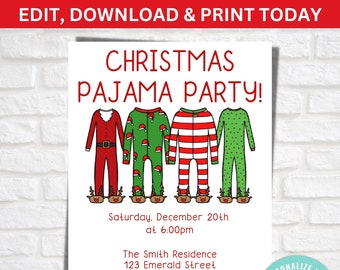 May include: A Christmas Pajama Party invitation with four illustrated pajamas in red, green, and white. The invitation includes the text "CHRISTMAS PAJAMA PARTY!" and event details, including the date, time, and location.