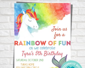 Rainbow Unicorn Mermaid Birthday Party Invitation