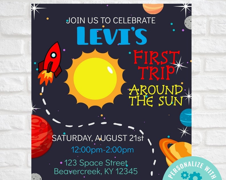 First Trip Around The Sun Invitation Outer Space 1st Birthday Invitation Planets Rocket Ship