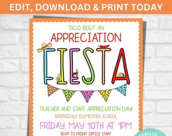 Teacher Appreciation Invitation, Let's Taco bout' an Appreciation Fiesta, Editable 8.5x11 Teacher Appreciation, Staff Appreciation