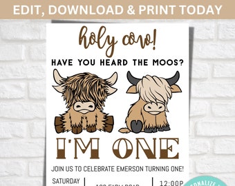 Highland Cow 1st Birthday Invitation: Editable Print (Digital Download)