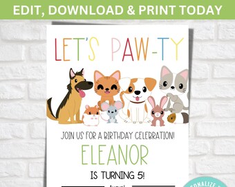 May include: A colorful invitation for a birthday party with a paw print theme. The invitation features a group of cartoon animals, including a dog, cat, rabbit, and mouse. The text on the invitation reads "Let's Paw-ty!" and "Join us for a birthday celebration! Eleanor is turning 5!" The invitation also includes the date, time, and location of the party.