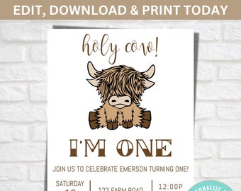Highland Cow 1st Birthday Invitation: Editable Cow Print (Digital Download)