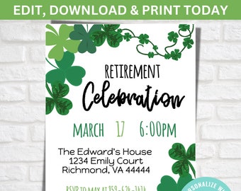 Shamrock Retirement Invitation: Editable St Patrick's Day Party (Digital Download)
