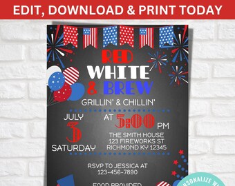 4th of July Party Invitation, Grillin' and Chillin', Red White and Brew