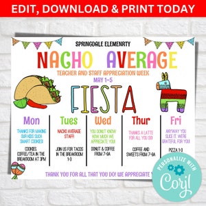 Nacho Fiesta Cinco de Mayo, letrero editable de 8.5 x 11 pulgadas para agradecimiento a maestros, letrero semanal, letrero para agradecimiento al personal y letrero escolar.