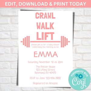 Gewichtheben-Babyparty-Einladungskarte Einladung - Druckbare bearbeitbare Gym Barbell-Babyparty-Schwangerschaftseinladung