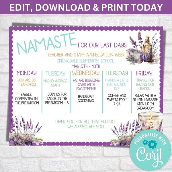 Spa Teacher and Staff Appreciation Week, Namaste for Our Last Days, Calm Relax Theme, Editable Template