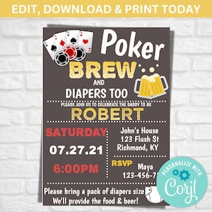 Poker, brouwen en luiers, uitnodiging babyshower, strooikaart, mannenshower