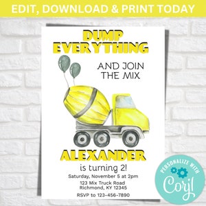 Construction Birthday Invite, Digital Personalized Invitation Concrete Mixer Truck, Join the Mix Birthday, Dump Everything