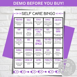 May include: A purple and black bingo card with the title "Self Care Bingo". The card has 25 squares with self-care activities such as meditate, nap, social, bubble bath, connect, drink up, games, mobility, fitness, solo, write, walk, free space, kindness, breathe, sun, read, goals, hug, try new, creative, daily grind, clutter, and dance.