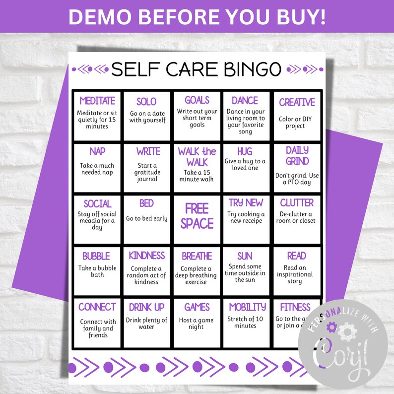 May include: A purple and black bingo card with the title "Self Care Bingo". The card has 25 squares with self-care activities such as meditate, nap, social, bubble bath, connect, drink up, games, mobility, fitness, solo, write, walk, free space, kindness, breathe, sun, read, goals, hug, try new, creative, daily grind, clutter, and dance.