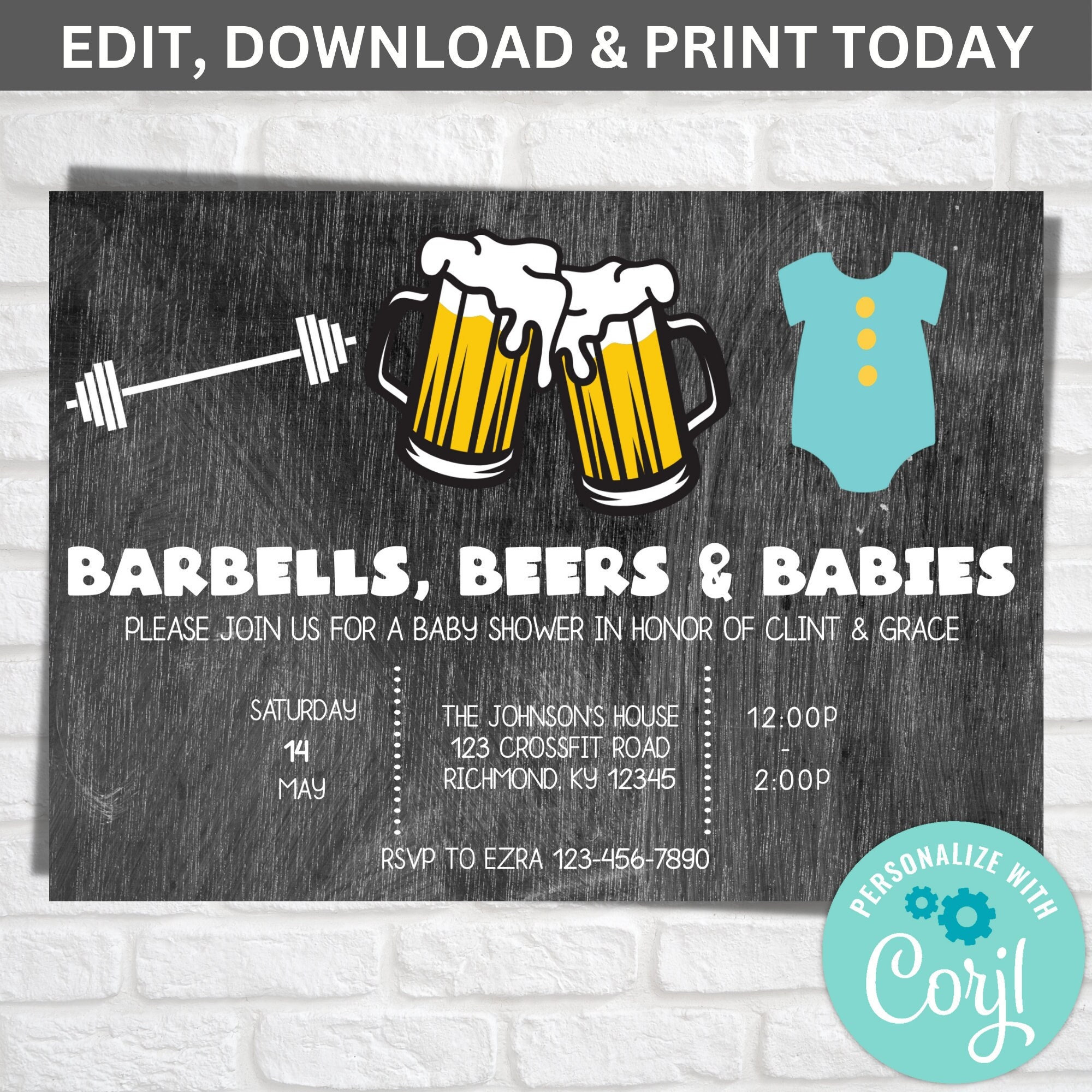 Barbells, Beers & Babies Baby Shower Invitation, Gym Crossfit