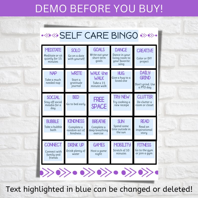 Self Care Bingo: Wellness Activity Worksheet (Editable PDF) image 2
