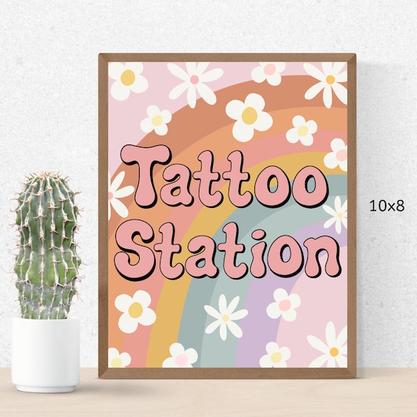 Tattoo Station Sign, Printable Boho Rainbow and Daisy, Kids Activity Birthday Party Decor, Daisies Flower Power Party