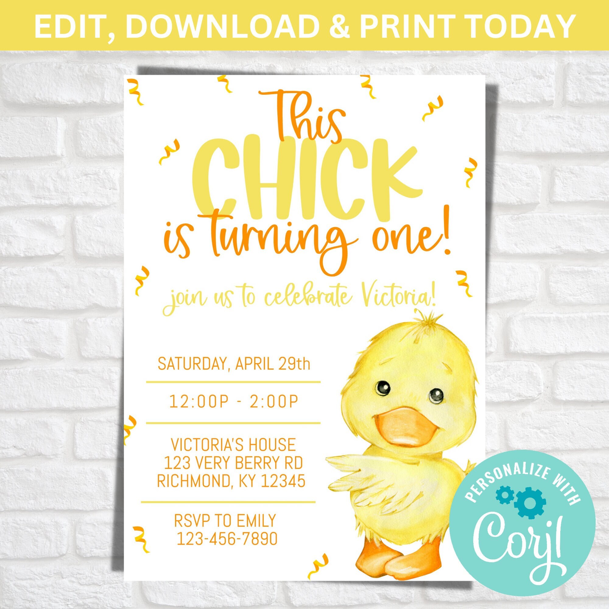 Chick First Birthday Invitation: Editable Digital Download