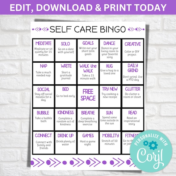 Self Care Bingo: Wellness Activity Worksheet (Editable PDF)