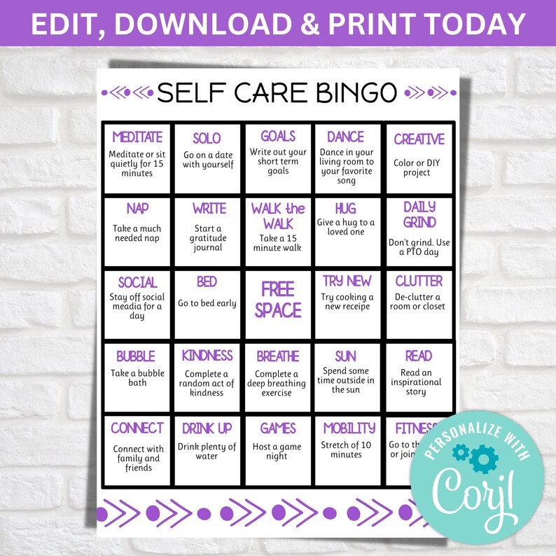 Self Care Bingo: Wellness Activity Worksheet (Editable PDF) image 1