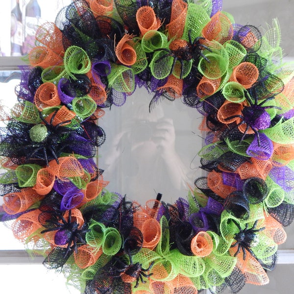 Halloween Wreaths Front Door Wreath Spider Wreath Purple Green Orange Halloween Decor Mesh Wreath Bats Realtor Client Gift Free Shipping