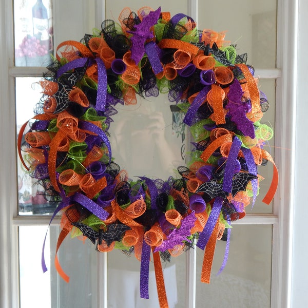 Halloween Wreaths Front Door Wreath Spider Wreath Purple Green Orange Halloween Decor Mesh Wreath Bats Realtor Client Gift Glitter Outdoor