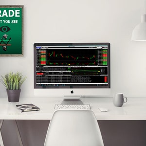May include: A white desk with a computer monitor displaying a stock chart. The monitor is on a white desk with a white keyboard, a white mouse, a white mug, and a potted plant. A framed poster with the text "TRADE WHAT YOU SEE" and a bull and bear graphic is on the wall behind the desk.