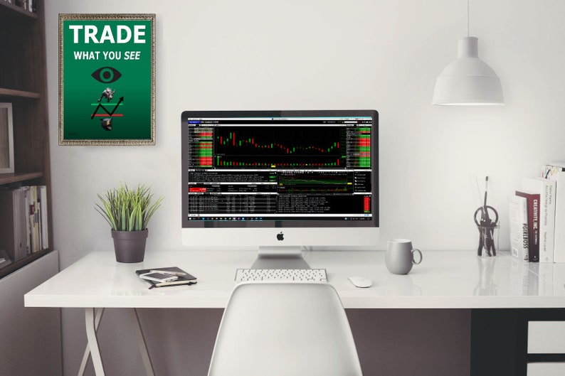 May include: A white desk with a computer monitor displaying a stock chart. The monitor is on a white desk with a white keyboard, a white mouse, a white mug, and a potted plant. A framed poster with the text "TRADE WHAT YOU SEE" and a bull and bear graphic is on the wall behind the desk.