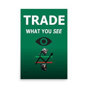 May include: Green poster with the text "TRADE WHAT YOU SEE" in white. A black eye with a green iris is above a black bull charging upwards. A black bear is below a red and green line graph.