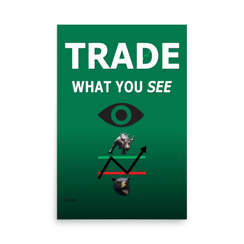 May include: Green poster with the text "TRADE WHAT YOU SEE" in white. A black eye with a green iris is above a black bull charging upwards. A black bear is below a red and green line graph.