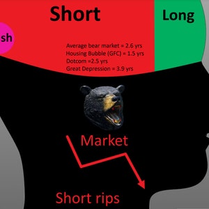 以下が含まれることがあります： 赤と緑に分割された人の頭の白黒のイラスト。赤い方は「Short」、緑の方は「Long」と書かれている。「Crash」という文字が赤い方のピンクの円の中に書かれている。頭の真ん中に黒い熊がいて、その上に「Market」という文字が書かれている。熊の口から赤い矢印が下に伸びていて、その下に「Short rips」という文字が書かれている。赤い方の文字には、「Average bear market = 2.6 yrs」、「Housing Bubble (GFC) = 1.5 yrs」、「Dotcom = 2.5 yrs」、「Great Depression = 3.9 yrs」も含まれている。