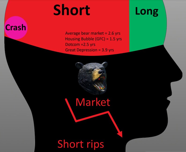 以下が含まれることがあります： 赤と緑に分割された人の頭の白黒のイラスト。赤い方は「Short」、緑の方は「Long」と書かれている。「Crash」という文字が赤い方のピンクの円の中に書かれている。頭の真ん中に黒い熊がいて、その上に「Market」という文字が書かれている。熊の口から赤い矢印が下に伸びていて、その下に「Short rips」という文字が書かれている。赤い方の文字には、「Average bear market = 2.6 yrs」、「Housing Bubble (GFC) = 1.5 yrs」、「Dotcom = 2.5 yrs」、「Great Depression = 3.9 yrs」も含まれている。