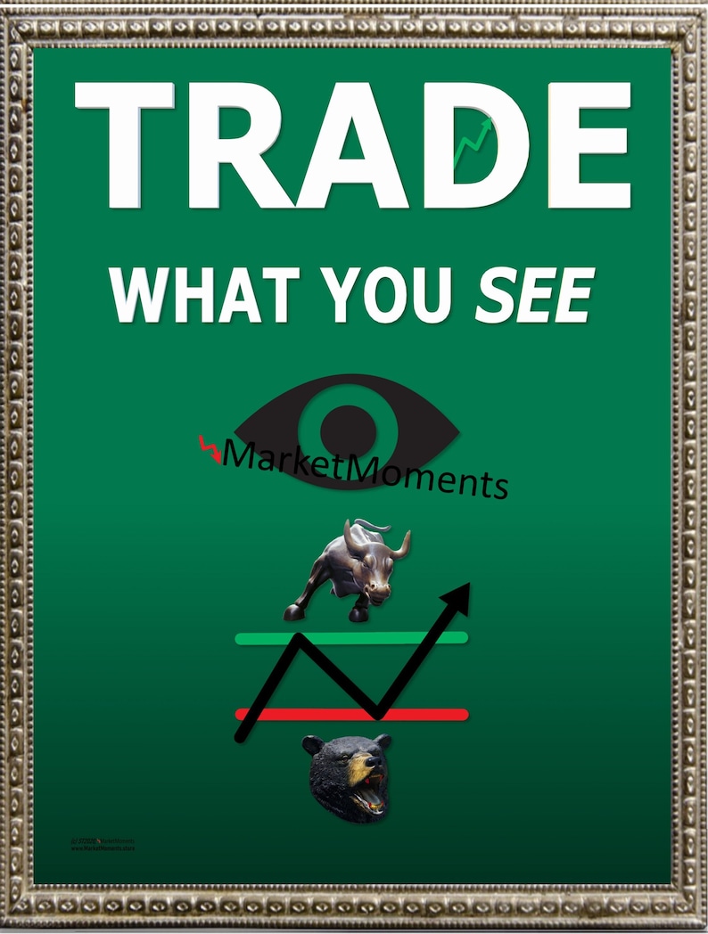 May include: Green poster with the text "TRADE WHAT YOU SEE" and a stylized eye with the text "MarketMoments" below. A bull and bear statue are shown with a black line graph going up.