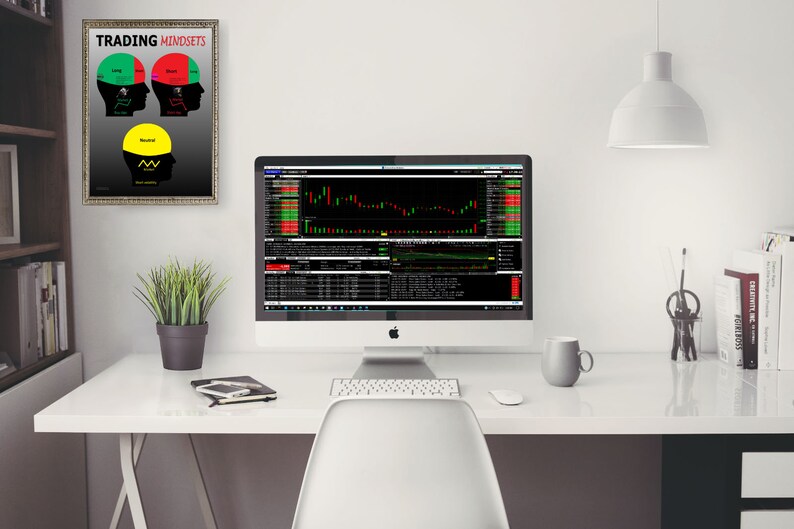 以下が含まれることがあります： コンピュータ、キーボード、マウス、マグカップ、植物、そして「Trading Mindsets」と書かれた額縁に入ったポスターが置かれた白い机。