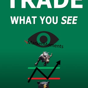 May include: Green background with the word "TRADE" in white letters. Below the word is the phrase "WHAT YOU SEE" in white letters. A black eye with a red arrow pointing to it is below the phrase. The text "MarketMoments" is below the eye. A black bull statue is above a black line graph with green and red lines. A black bear statue is below the line graph.