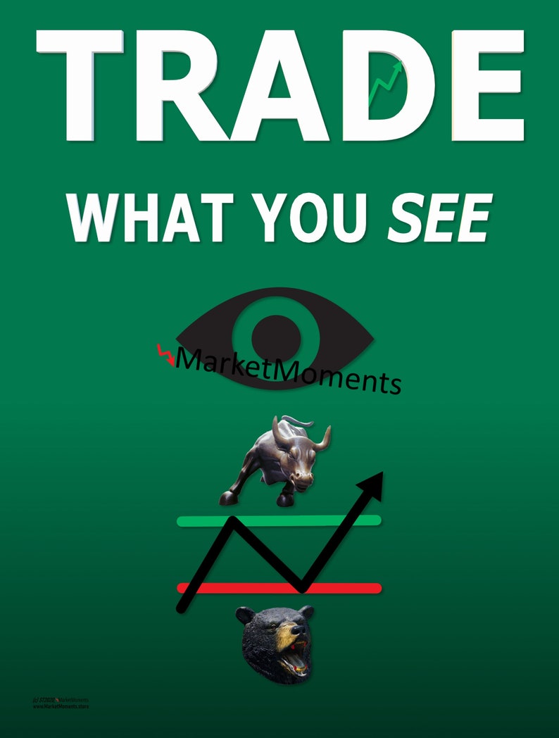 May include: Green background with the word "TRADE" in white letters. Below the word is the phrase "WHAT YOU SEE" in white letters. A black eye with a red arrow pointing to it is below the phrase. The text "MarketMoments" is below the eye. A black bull statue is above a black line graph with green and red lines. A black bear statue is below the line graph.