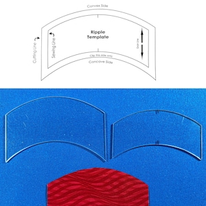 May include: A clear acrylic Ripple Template with the text "Ripple Template" and a red fabric piece with a wavy pattern. The template has curved edges and is designed for quilting or fabric cutting. The background is blue.