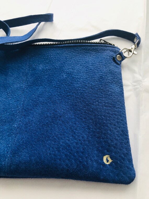 blue suede crossbody bag