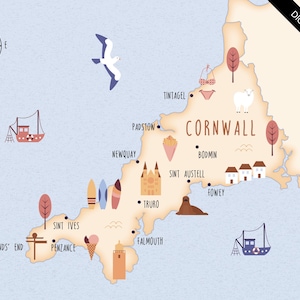 Mapa ilustrado de Cornualles, impresión artística, póster, mapa de viaje, descarga digital
