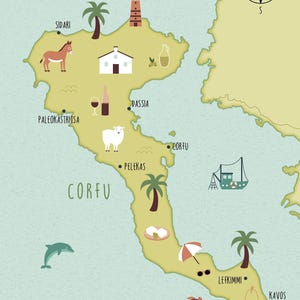 May include: Illustrated map of Corfu, Greece, featuring landmarks and icons. Includes a donkey, lighthouse, wine bottle, sheep, boat, dolphin, turtle, and beach umbrella. The map is in shades of green, yellow, and blue, with place names.