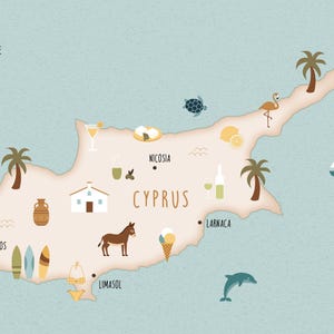 Illustrated map of Cyprus art print poster travel map