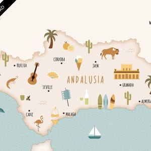 Può includere: Download digitale di una mappa illustrata dell'Andalusia, Spagna, con icone che rappresentano punti di riferimento e cultura locali, tra cui una chitarra e un gelato. La mappa include il testo "ANDALUSIA" e nomi di città.