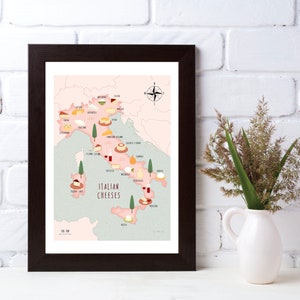 Illustrated map of Italy, Italian cheeses, food, art print, poster, travel map, digital download