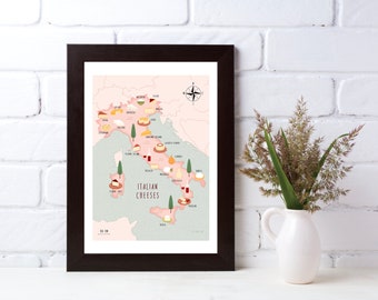 Illustrated map of Italy, Italian cheeses, food, art print, poster, travel map, digital download