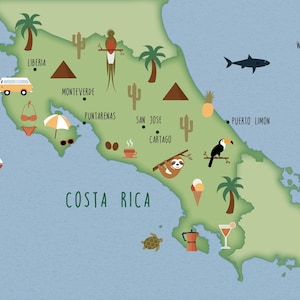 Illustrated Map of Costa Rica Art Print Poster Travel Map Digital ...