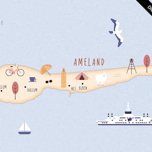 Illustrierte Karte von Ameland Kunstdruck Poster Reisekarte digitaler Download