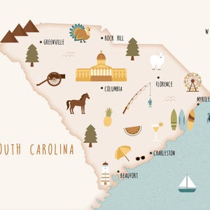 Cartolina della Carolina del Sud, confezione da 5 cartoline A6, mappa illustrata della Carolina del Sud